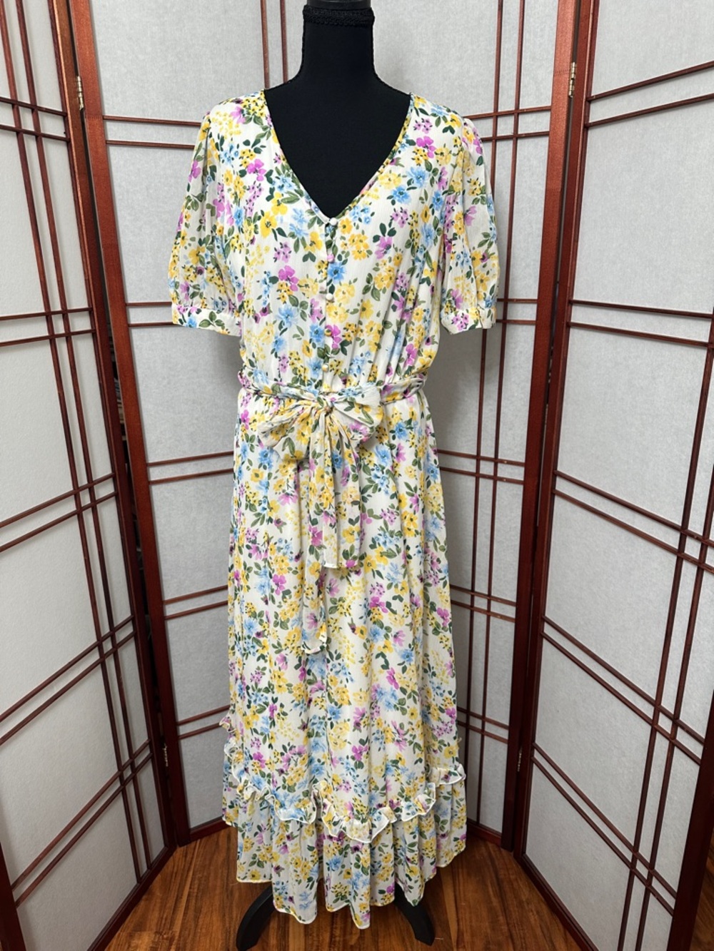 Calvin Klein Floral V-Neck Tie-Waist Maxi Dress